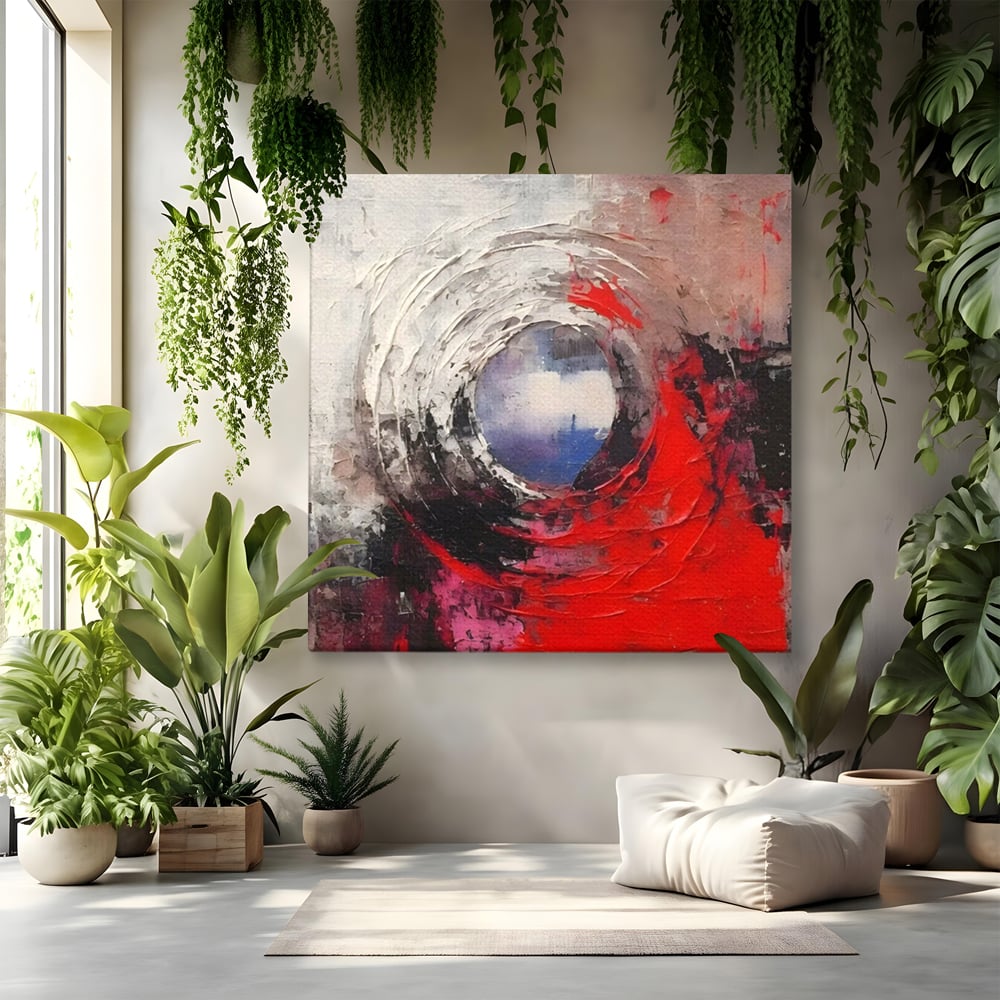 Tablou canvas cu pictura abstracta cu vortex rosu si alb, fara rama, pe sasiu de lemn
